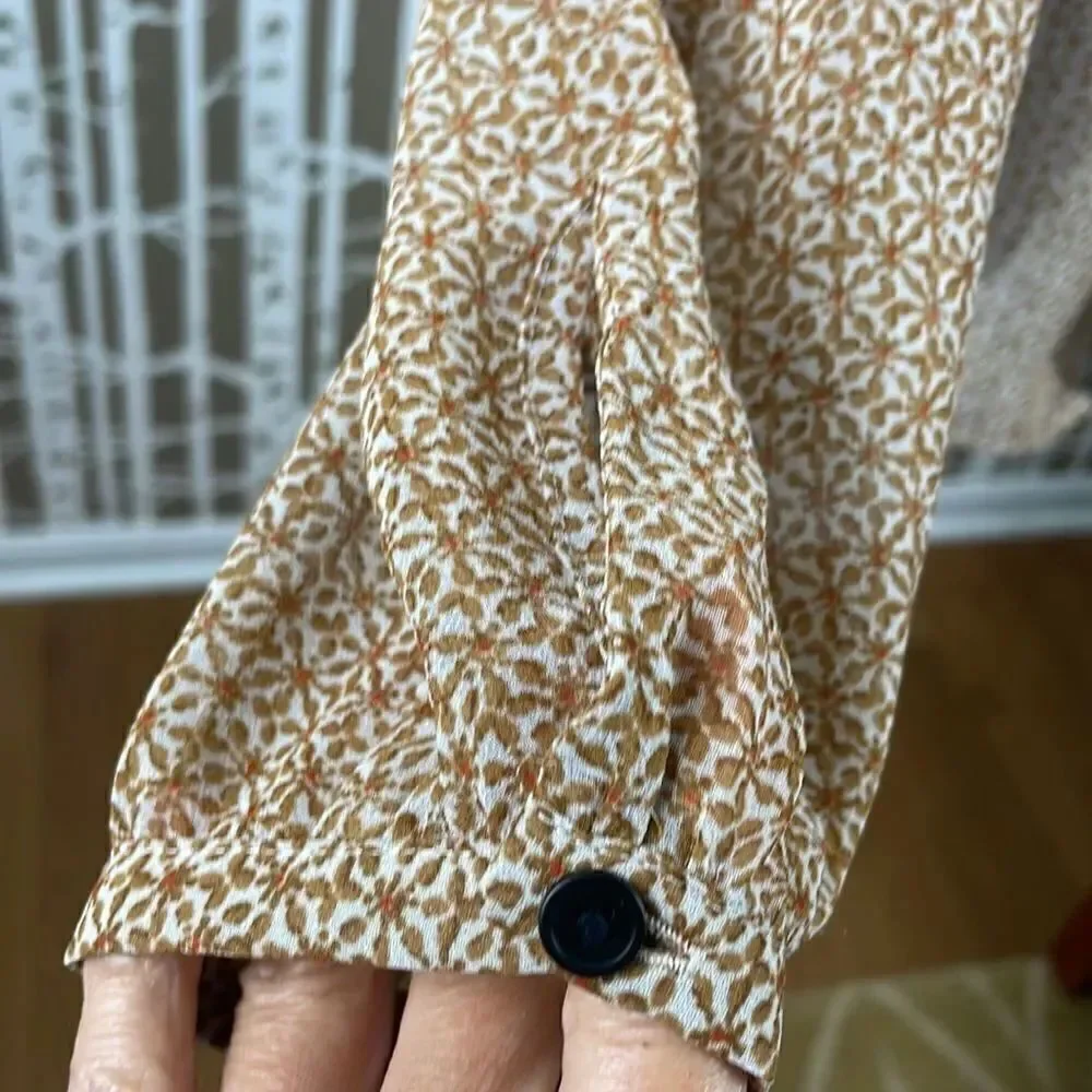 LOFT sheer floral print button front blouse puff sleeve black mustard red white